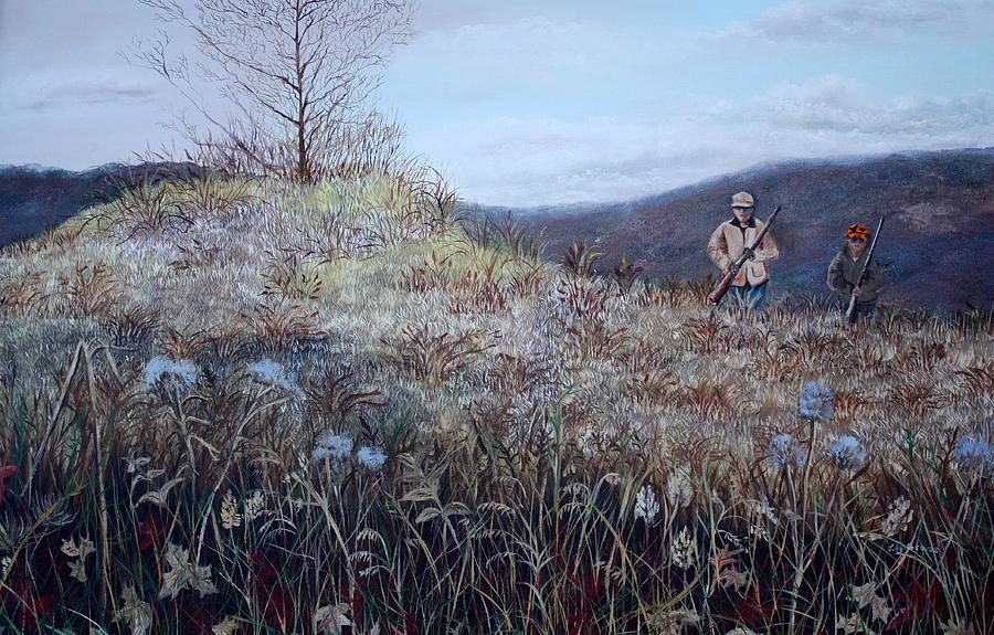 painting of a father and son hunting 
